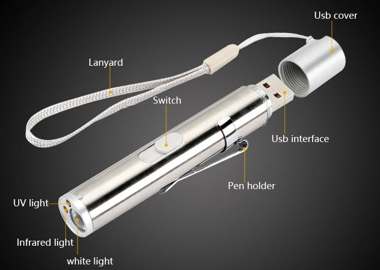 aluminium dimmable rechargeable plug in promotional pen red ir pointer uv light pocket led flashlight with clip clamp torch