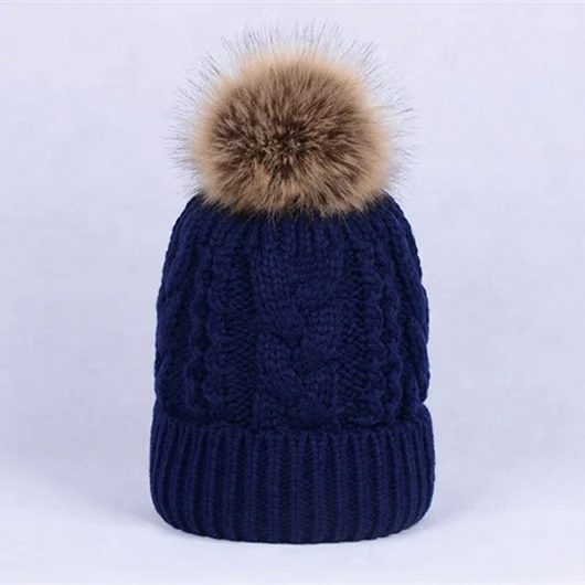 cable knit wool blend winter beanie hat with removable racoon genuine fur pom