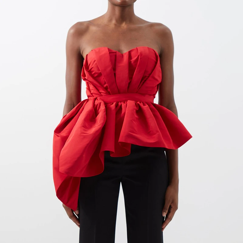 Women Elegant Sweetheart Pleated Taffeta Bustier Tops Asymmetric Ruffle Peplum Hem Sexy Blouses