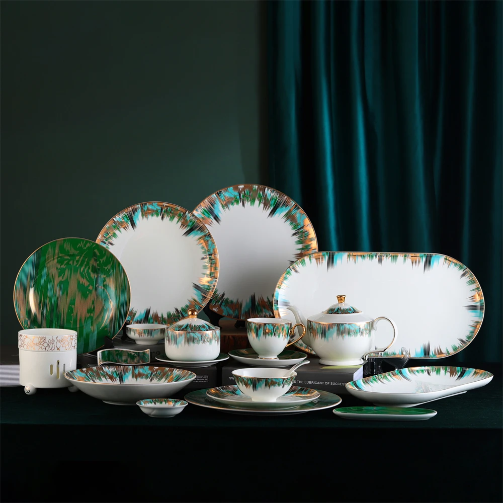 PITO Modern Luxury Bone China Dinnerware Plate Novelty Green Decal Design Christmas Bone China Tableware Banquet Bowls for HoReC