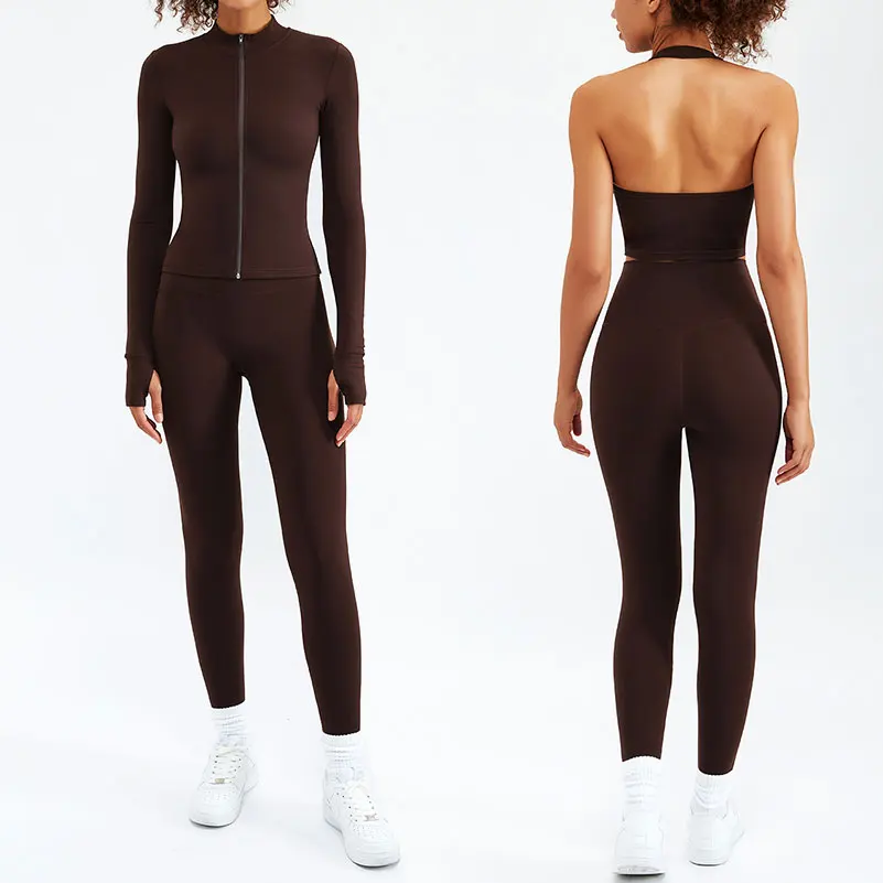 3Pieces Women Home Gym Fitness Set Workout Slim Fit Coat Wear Clothing Suit Sport Bra Yoga Legging Zip Long Sleeve Yoga Set