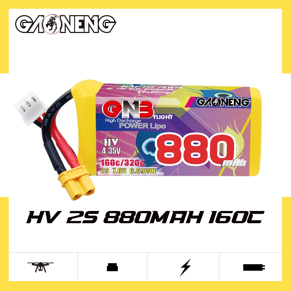 GNB GAONENG 880mAh 2S HV 7.6V 160C XT30 RC LiPo Battery FPV Brushless Drone Racing RC Car Boat Remote Toys Helicopter Robot