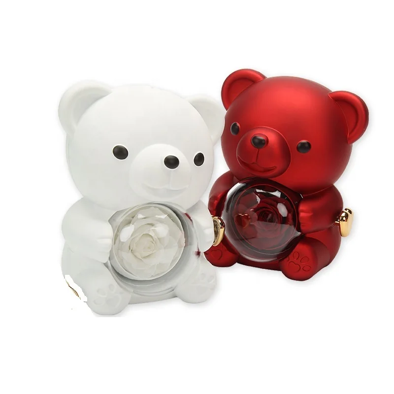 Luxury Little Bear Rotating Pink Blue Preserved Flower Jewelry Rose Gift Box For Rings And Necklaces