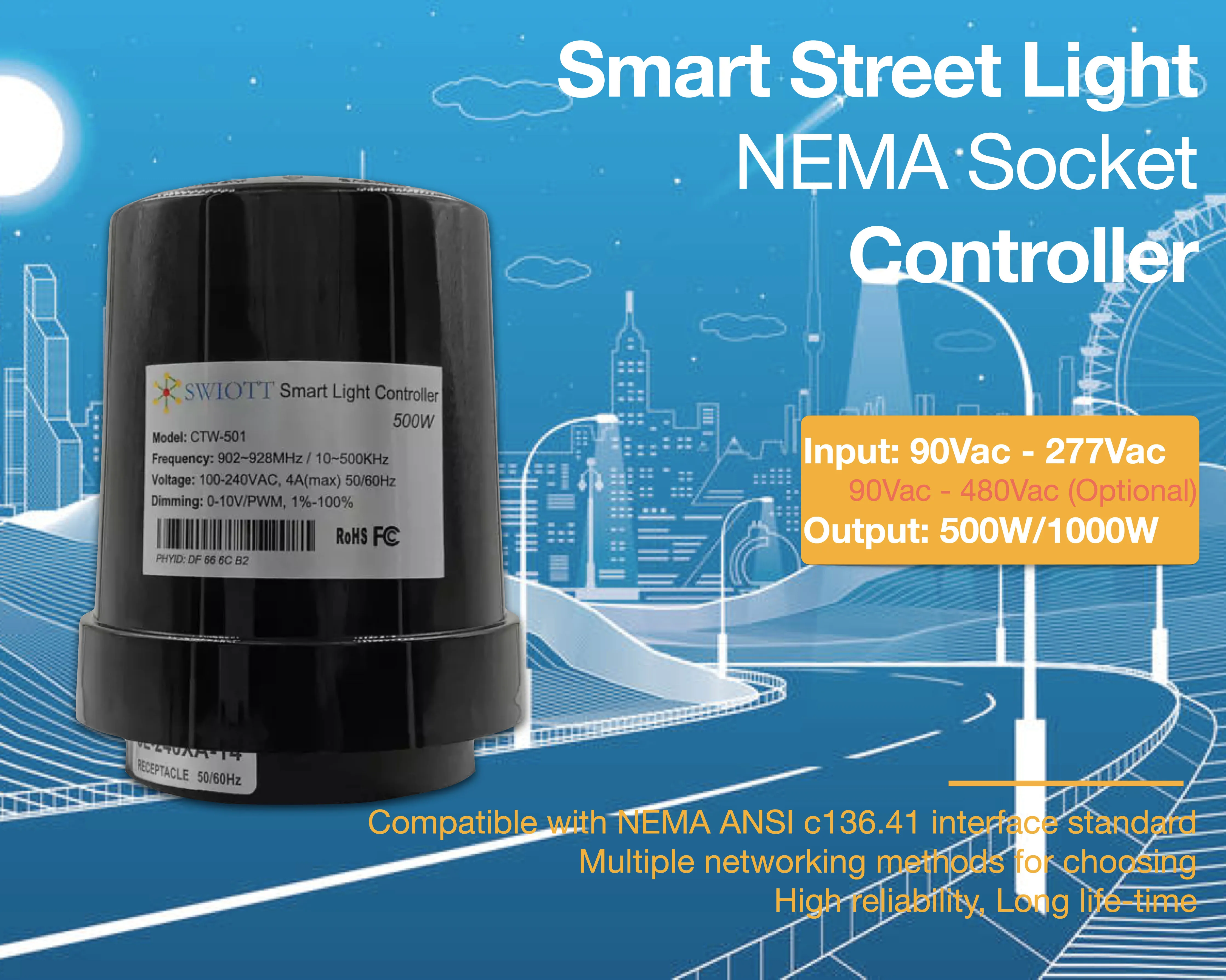 CTN501FL IP66 PLC+LoRaMesh Hybrid tilt leakage monitor photocell optical dimming GPS GNSS located smart street light controller