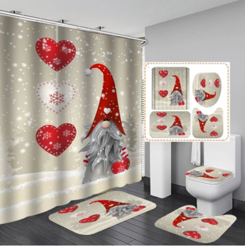 2022 Hot Christmas Waterproof Custom Limited Bathroom Shower Curtain Set With Mats