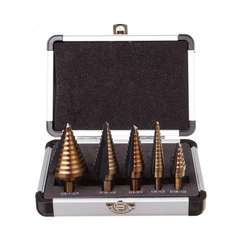 5 pc high speed steel step drill bit step set hss cobalt multiple hole in aluminum box