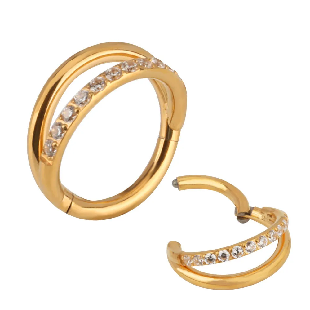 Piercing Earring Nose Nail Jewelry G23 Titanium 2 Fans Out Design Side Facing with CZ Pave One Side Segment Ring