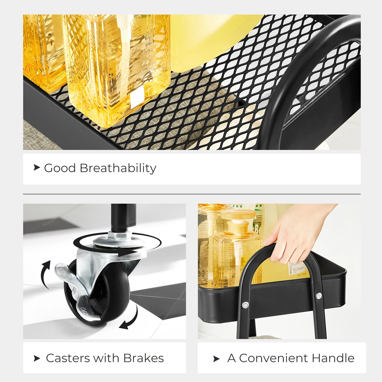 SONGMICS Low Price White Folding Storage Shelf Metal Cart 3-Tier Rolling Cart Kitchen Rack Trolley