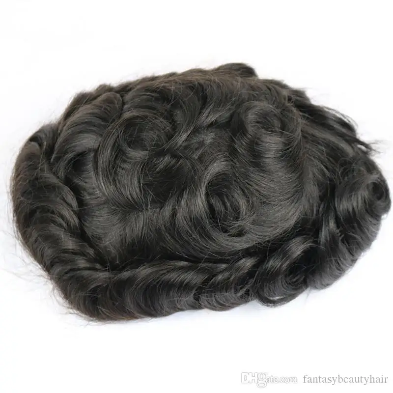 Thin Skin Men Toupee 0.06mm Transparent Poly Remy Human Hair Wig Full Pu Hairpiece System Capillary Prosthesis Black Brown