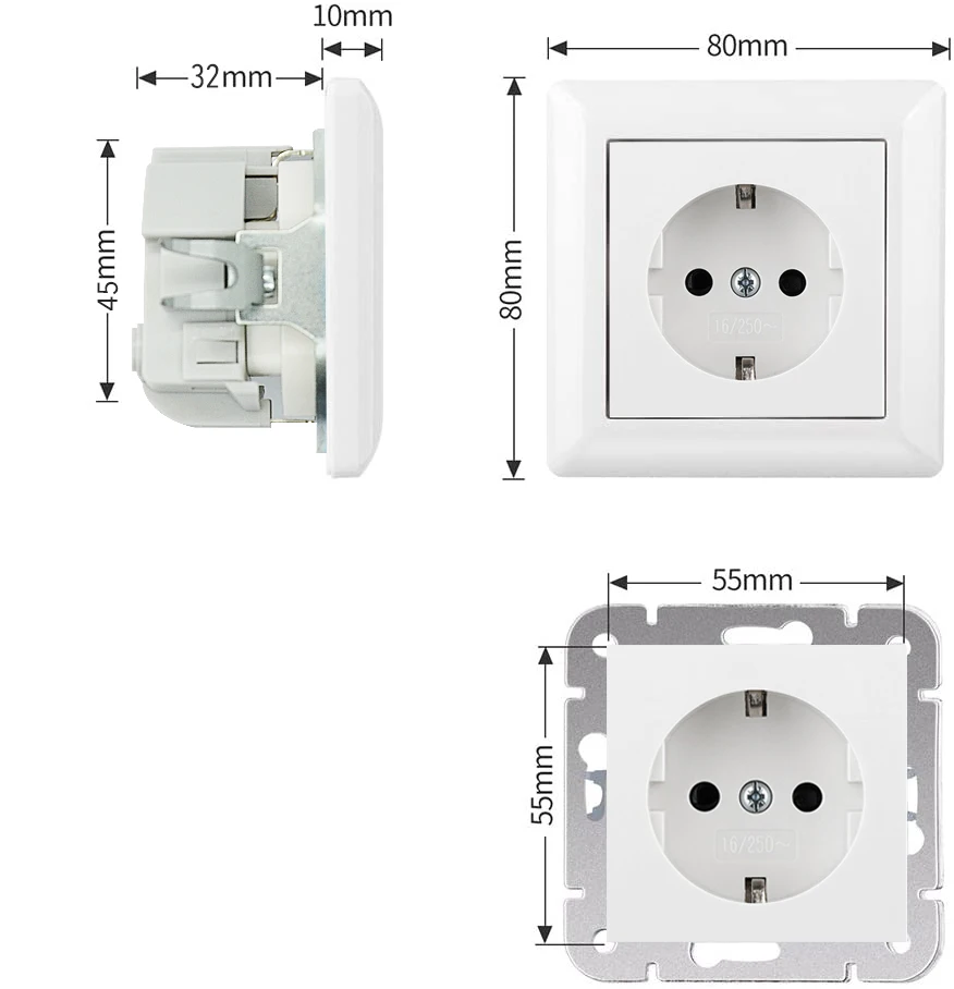 16 Amp White/Black/Grey Flush Mounted System 55*55mm Schuko Wall Socket For Smartphone, MP3