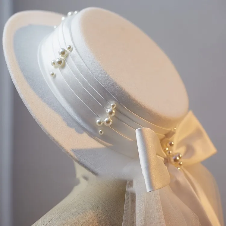 New French top hat veil vintage wool tweed elegant white bow hat Hair accessories royal househ long yarn flower top hat