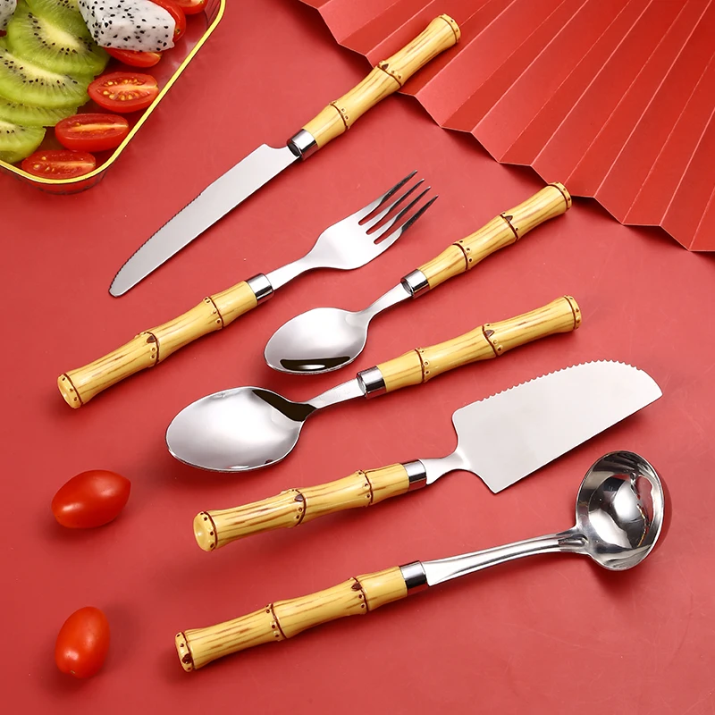 Reusable Fork Knife Serving Spoon With Bamboo Handle 430 Stainless Steel Flatware Set