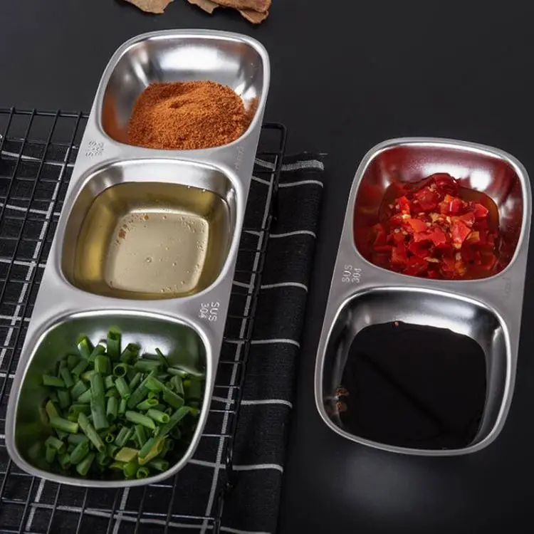Stainless Steel Sauce Dish Multi Grid Spices Flavor Condiment Dip Bowl Korean BBQ Seasoning Plate Vinegar Soy Sauce Dish