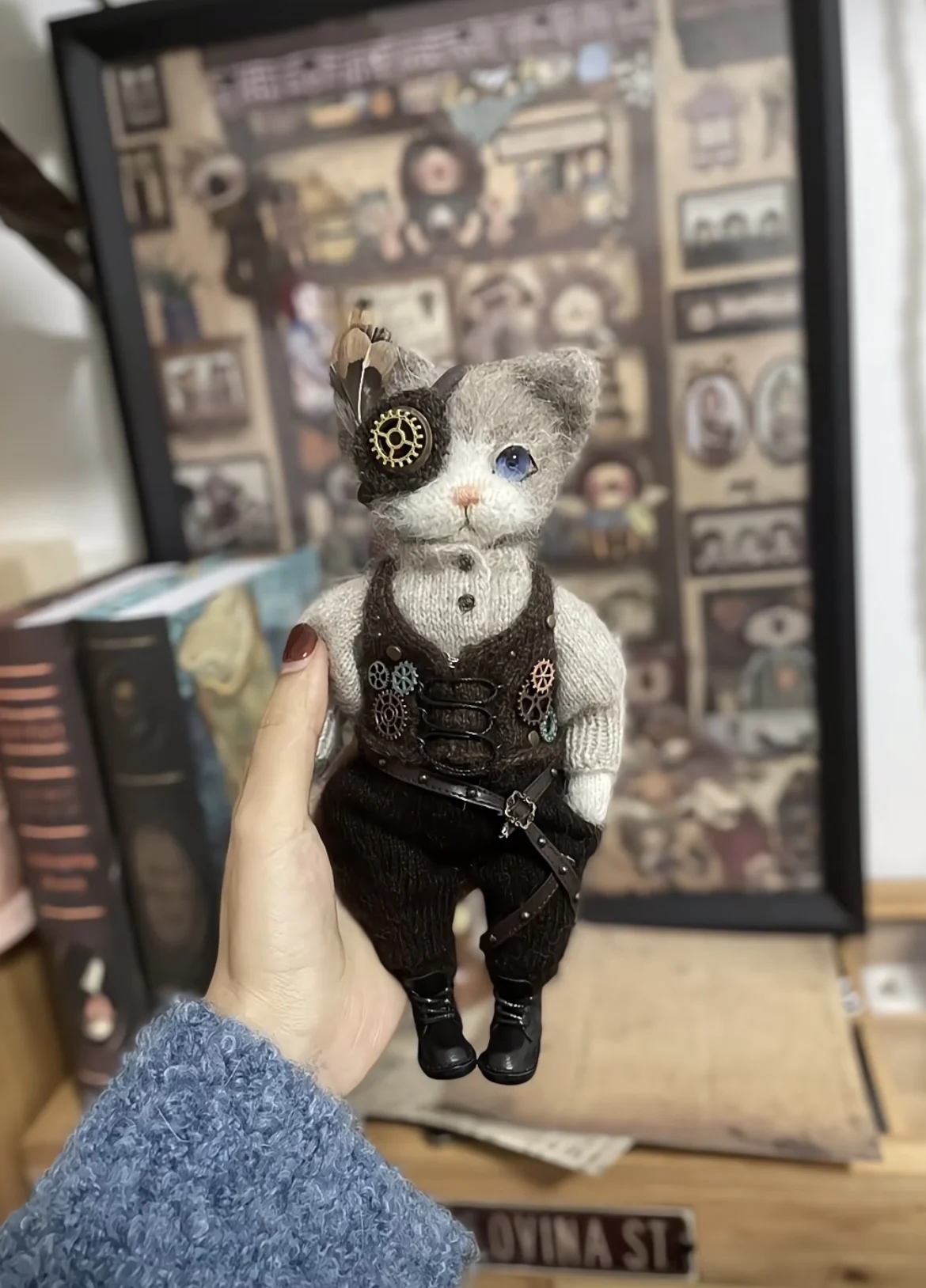 Haute Couture Handmade Doll Crochet Steampunk Cat Hand Handsome Cat Valentine S Day Unique Gift Desktop Decoration