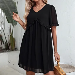 New arrivals V neck solid colour short sleeve chiffon turkey dresses women casual summer dresses for girls