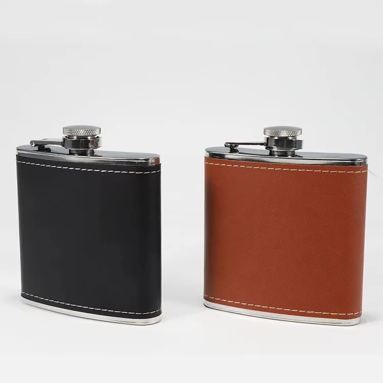Custom 6 oz Stainless Steel Mini Hip Flask Whiskey & Liquor Funnel Gift Set with Black PU Leather Travel Case Wine Drinkware Use