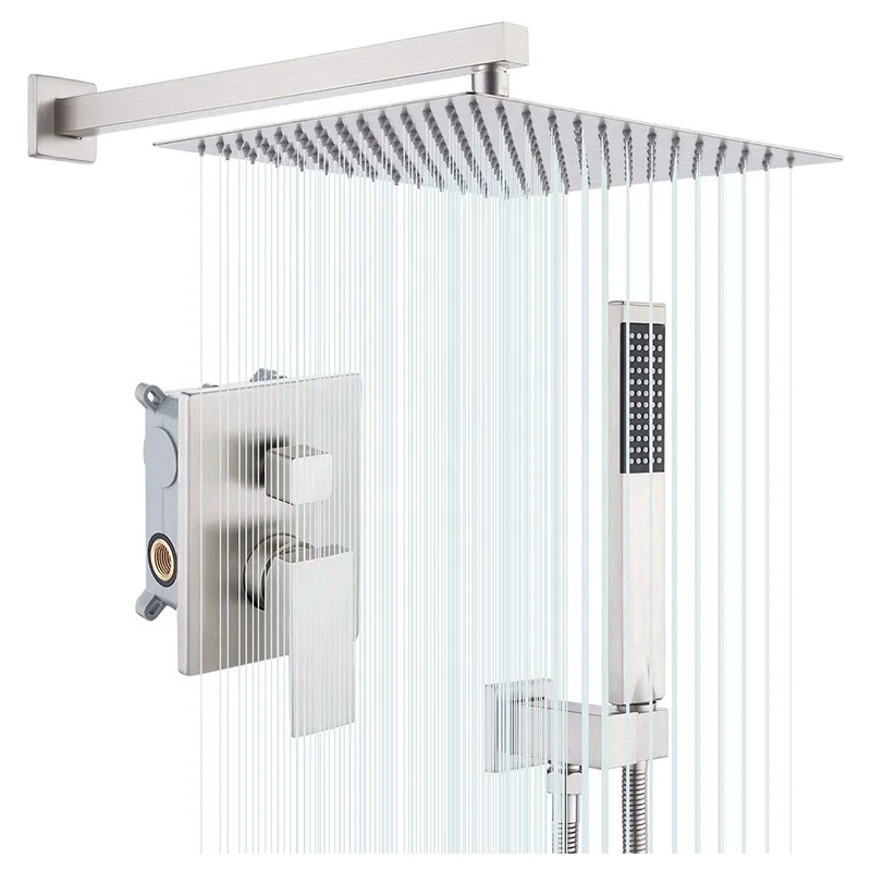 Rainfall Shower Head Rotate Waterfall Bath Spout Mixer Tap Brushed Nickel Concealed Shower Faucet Set
