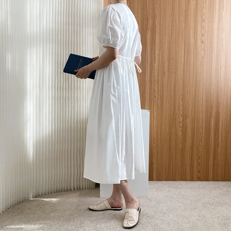 
2021 autumn designer women casual solid puff sleeve V neck lace up Chiffon vestidos maxi dresses 