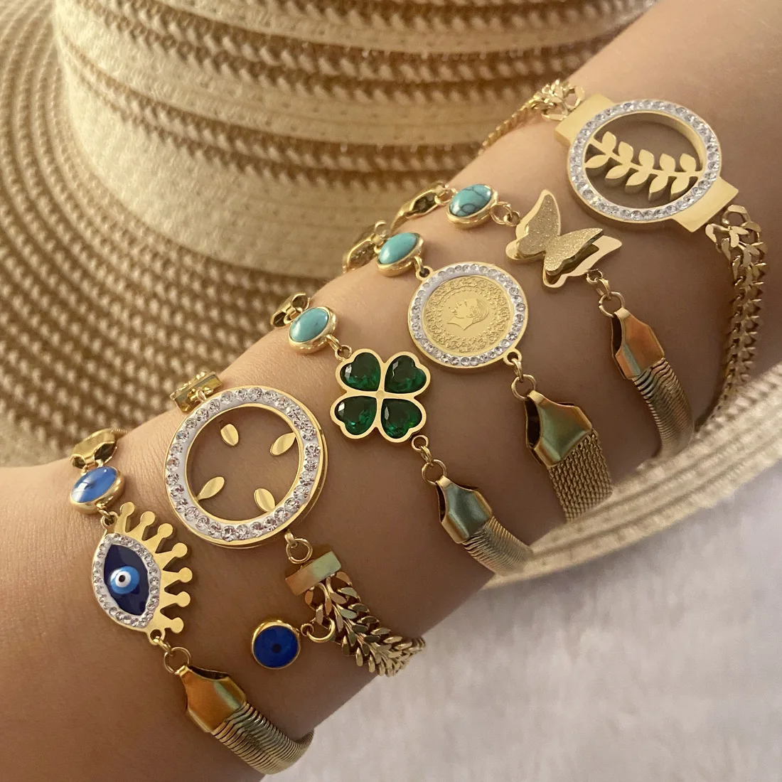 New European and American jewelry vintage stacked stainless steel bracelet eye bracelet Bohemian jewelry