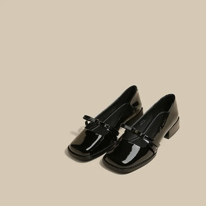 Handmade Women Mary Jane Shoes Patent Leather Low Heels Dress Shoes Square Toe Shallow Buckle Strap Girls Shoes