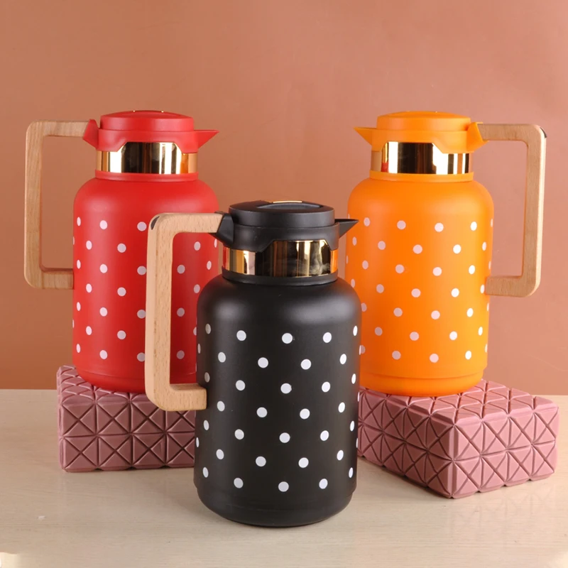 Amazon Popular 1000ml Thermos Vacuum Teapot Pink Glass Inner Coffee Jug with Wooden Handle