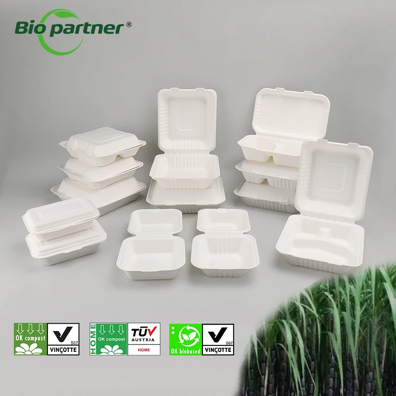 AK2 biodegradable togo food container disposable take away lunch packing bagasse pulp hinge hamburger box chips takeaway