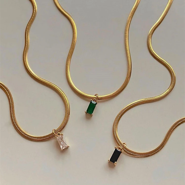 Trendy Stainless Steel Statement Jewelry Flat Snake Chain Choker Collar Dainty Bling Square Zircon Necklace for Women