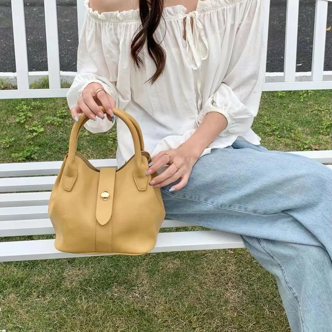 Simple texture fashion bucket bag Korean version handbag casual diagonal shoulder bag for ladies