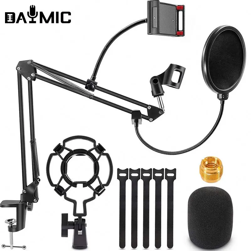 Wholesale Adjustable Suspension Mic Boom Arm Stand Microphone Scissors Clamp with Phone Holder for Professional Streaming