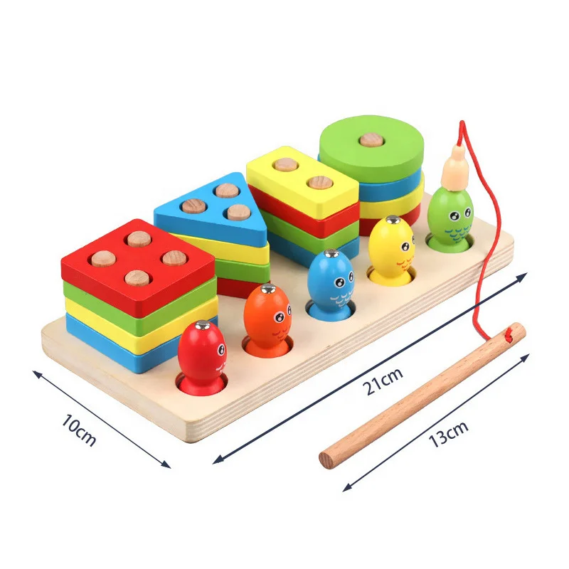 Wooden Sorting Stacking Blocks Toys Shape Color Sorter Puzzle Magnetic Fishing Montessori Game for Toddler