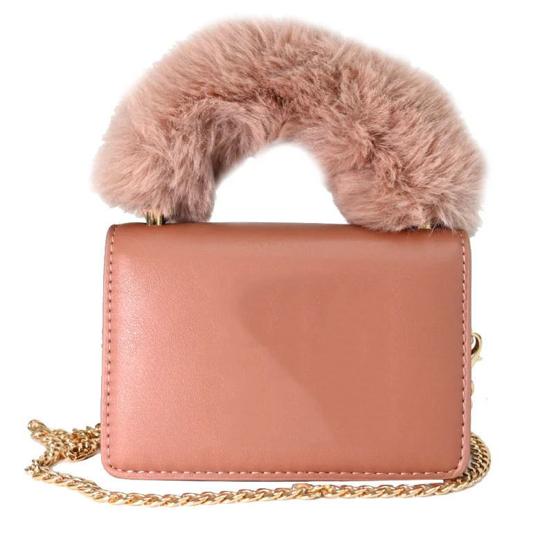 2021 new design matching ny fur purse and hat set Chain Fur Handle warm women purses and handbags ladies  Handbags