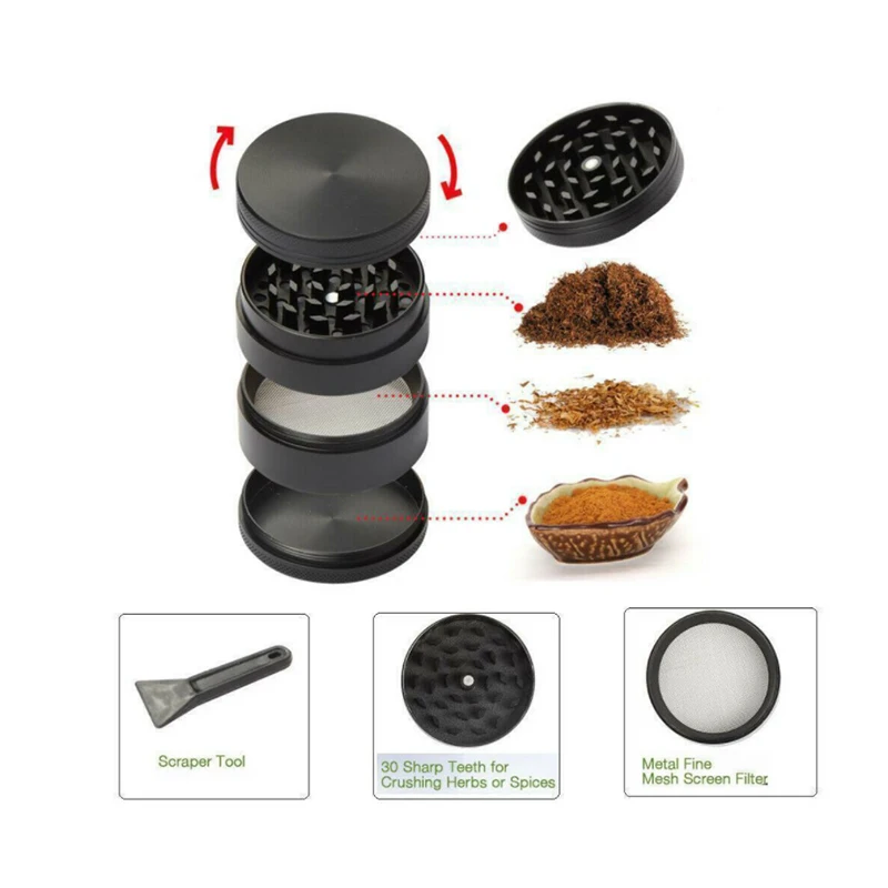 Wholesale custom herbal grinder metal zinc alloy 40mm 50mm 55mm 63mm 4 layers black herb grinder dry spice tobacco grinder