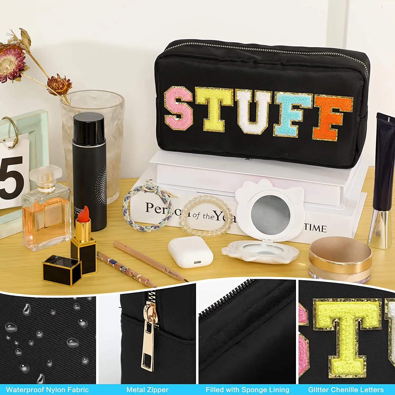 Nylon Waterproof Personalized makeup bag glitter Letter Patches Women Girl DIY Birthday Gift costom make up Pouch Cosmetic Bag