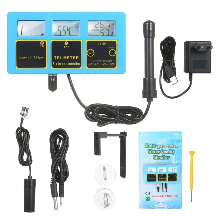 230V Multi-functional Water Quality Monitor 3-in-1 PH/Salinity/TEMP Meter Rechargeable Water Quality Tester Detector PH & Salini