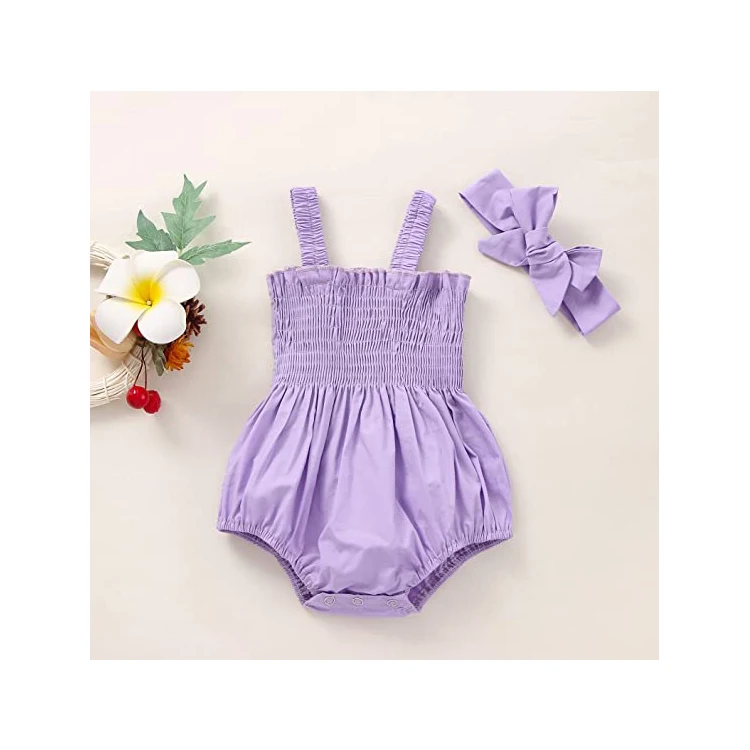 Summer Baby Girls Sleeveless Suspender Design Pleated Cotton Ruffled Hem Romper With Headband