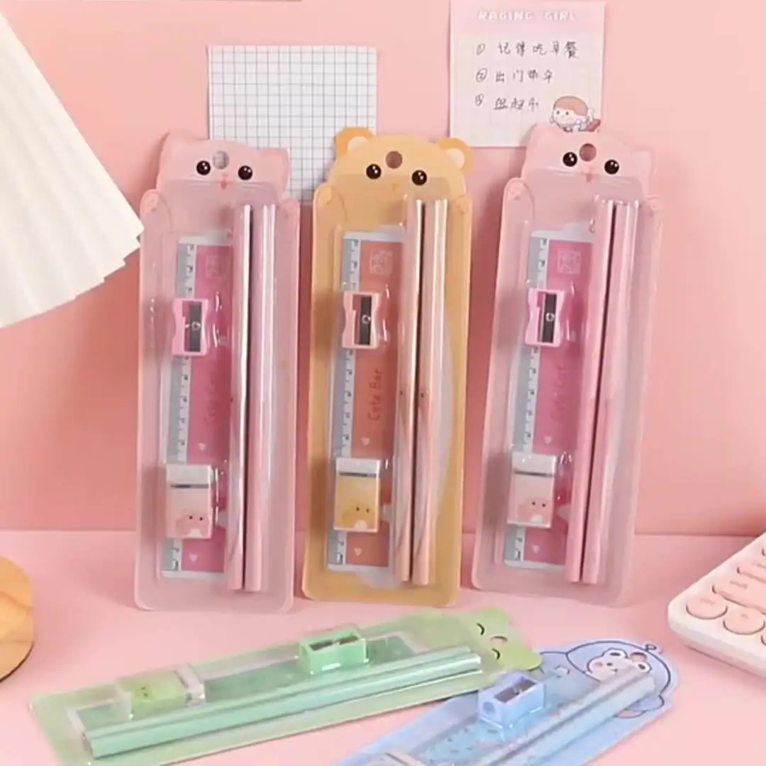 5pcs/set Custom Set HB pencil with big eraser blister card packing set with sharpener ruler