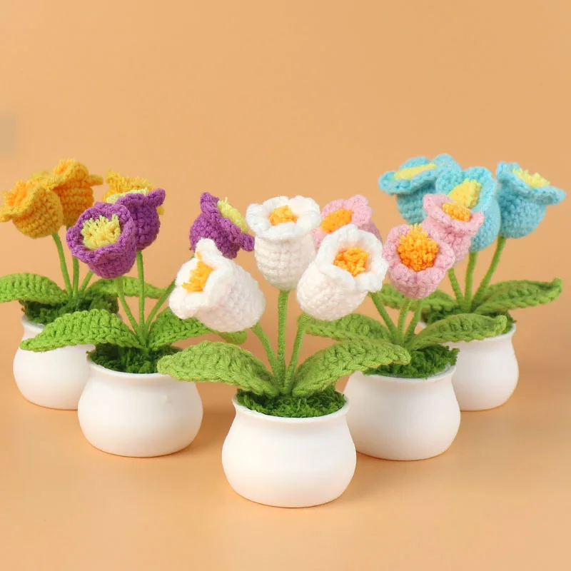 Christmas Valentines Day Gift Crochet Flower Handmade Knitted Crochet Potted Flower Lily of the Valley Knit Potted Flower