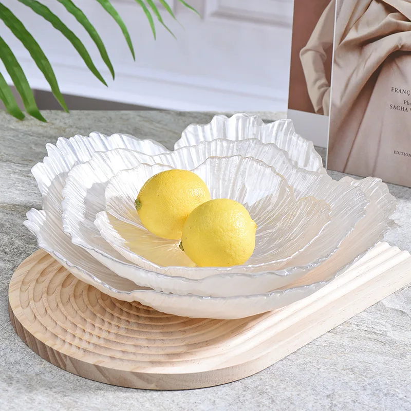 BST Home flower shaped fruit candy plate colored white pink glass charger plates for dry fruit tray
