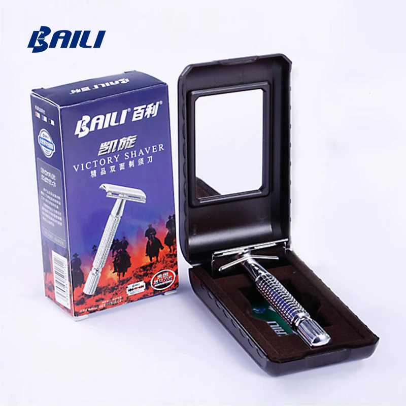 Baili silver travel case mirror stainless steel sharp brand blade metal razor shaving kits for men