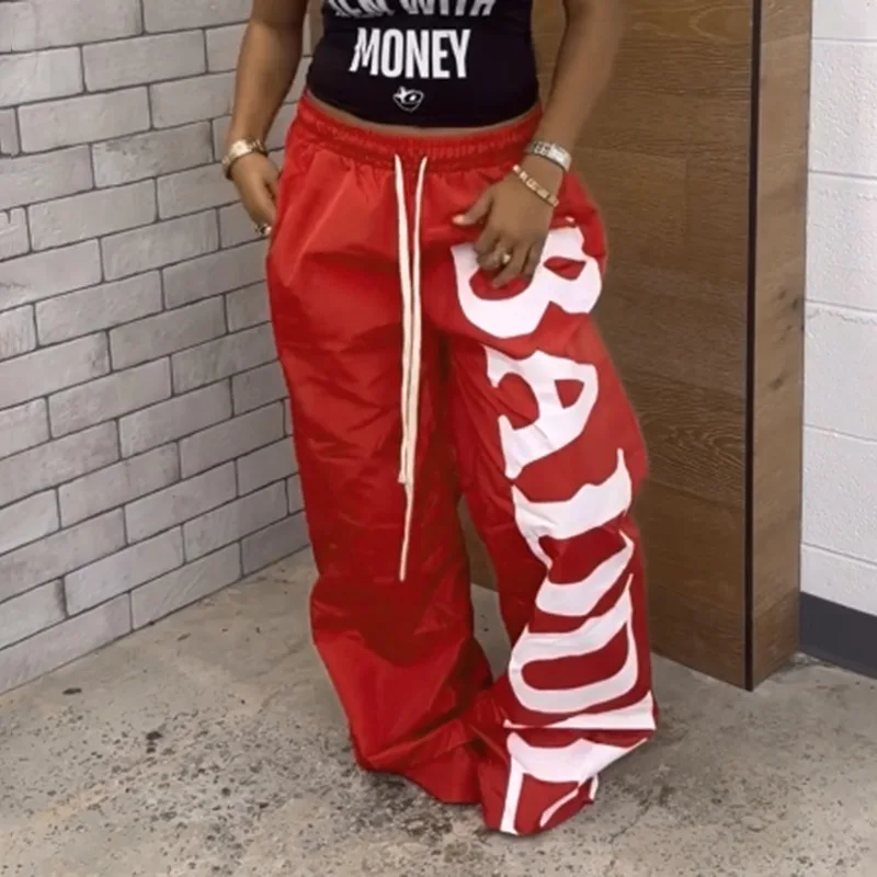 Sharee Autumn Retro Best Selling Parachute Pants Letter Print Baggy Drawstring Loose Fit Trousers Wide Leg Pants Women