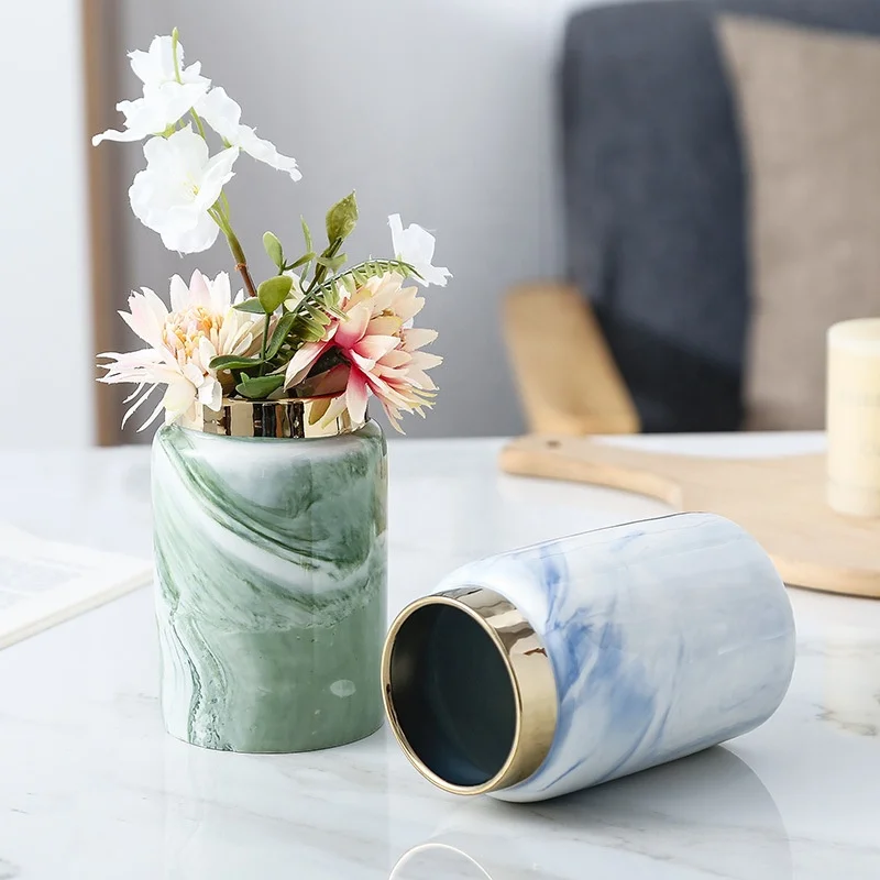 INS Light and Luxury Marble Electroplated Ceramics Cosmetic Home flower pot(Golden edge)