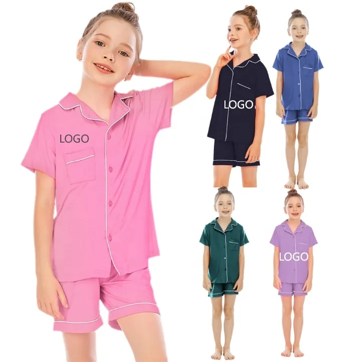 Wholesale Summer Solid Color Button Kids Sleepwear short sleeve Bamboo Organic Cotton Pajama Girls Boys Modal Lounge Wear