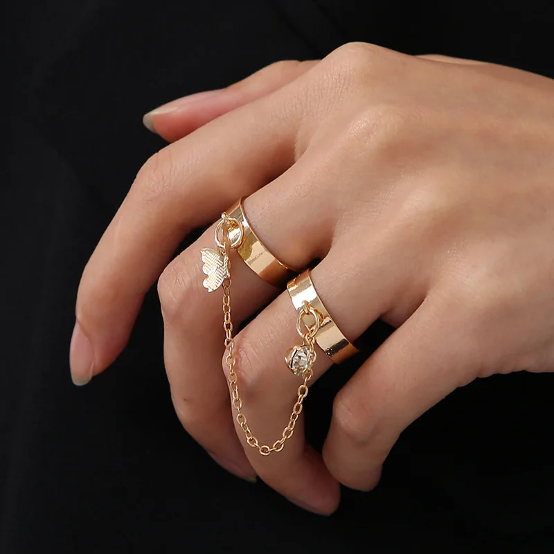 Punk Cool Hip Pop Butterfly Cross Rings Multi-layer Adjustable Chain Four Open Finger Alloy Women Rotation Rings