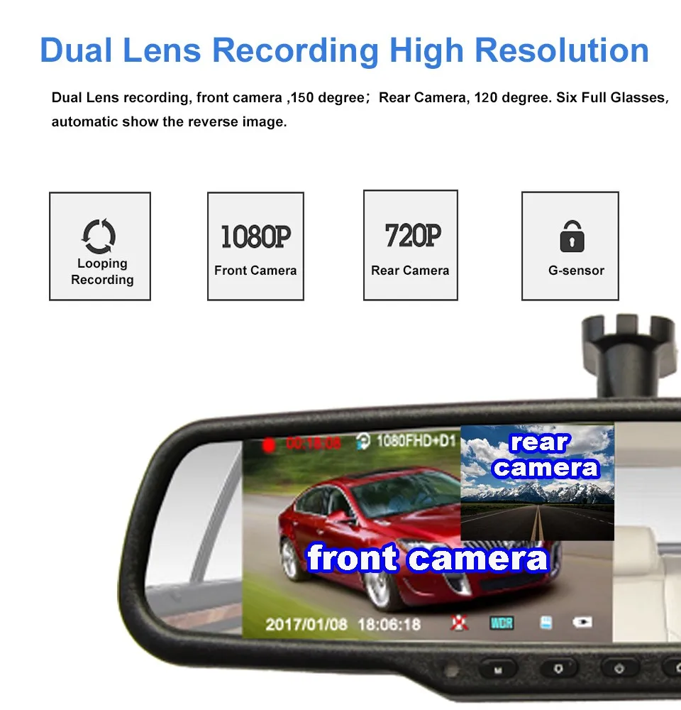 4.5 Inch IPS Screen FHD 1080P Mirror Dash Cam Dual Lens Car Camera DVR Rearview Mirror Monitor H.264