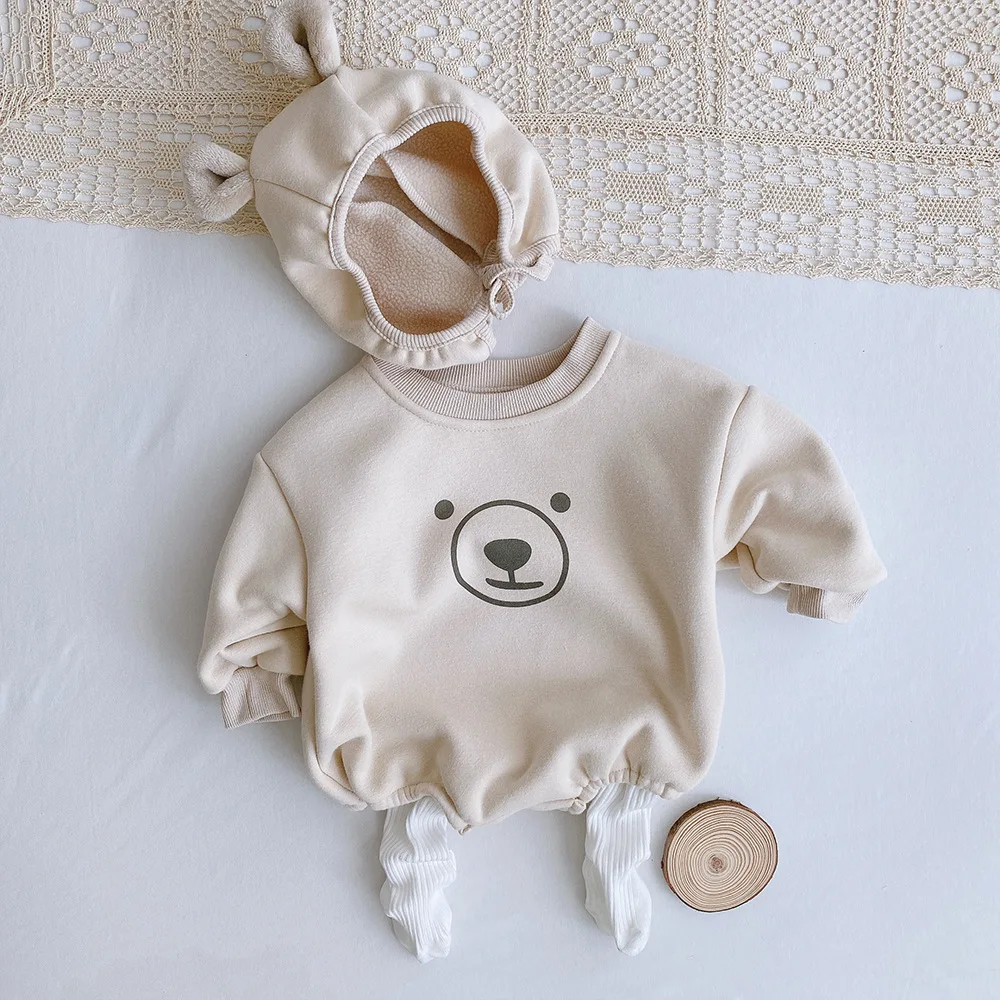 rts Baby Fleece Bear Clothes 2020 Late Autumn boys girls Baby Cartoon Triangle Romper with hat