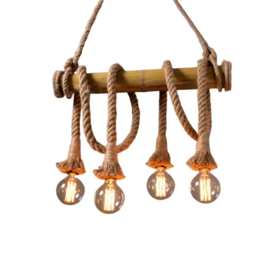 Hot Selling Industrial Bamboo Hemp Rope 4 6 8 10 Heads Pendant Light Restaurant Loft Cafe Farmhouse Chandelier Lamps