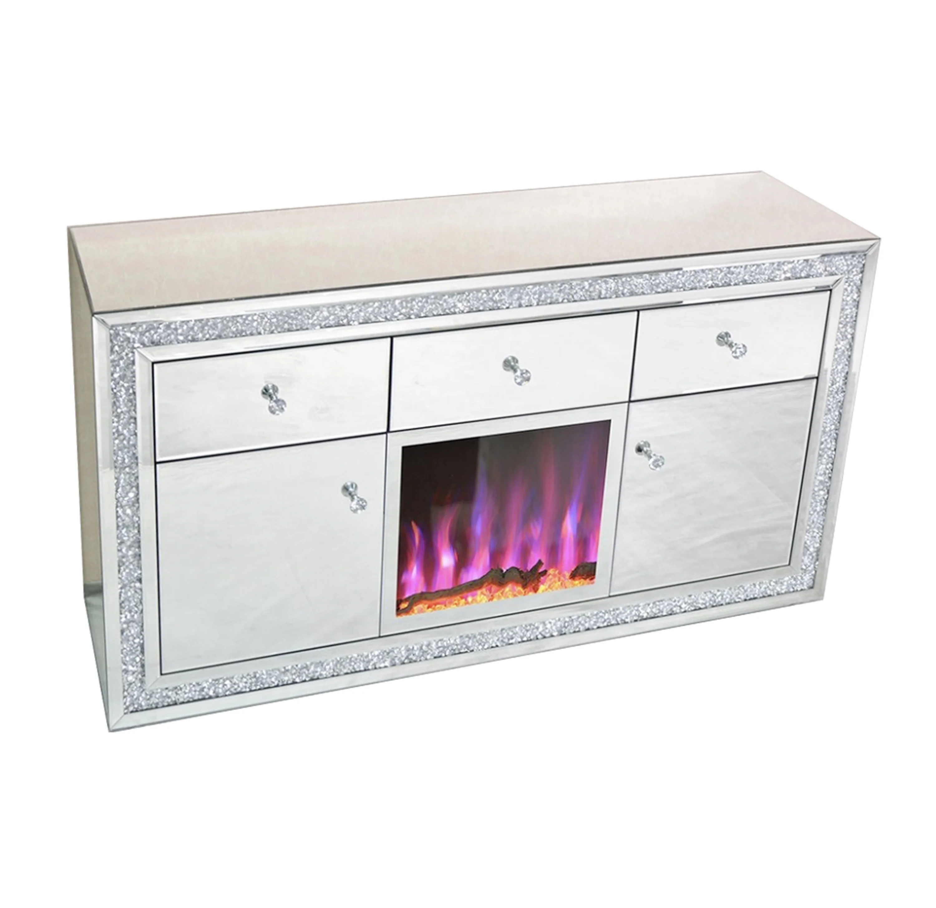 Faux diamond crystal glam mirrored TV console LED light fireplace with bluetooths