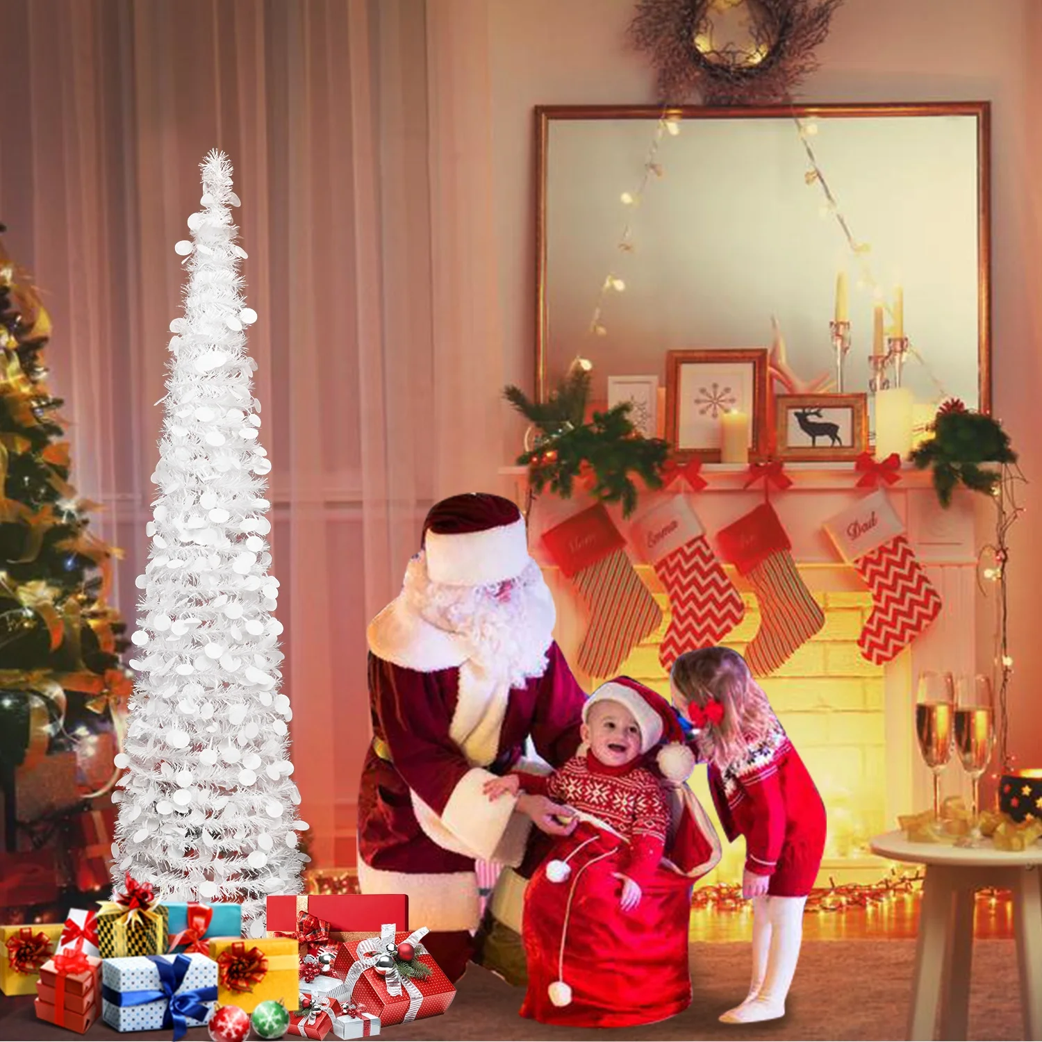 MACTING 5ft Collapsible Pop Up White Tinsel Ornament Christmas Tree Coastal Christmas Tree