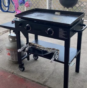 Factory direct selling outdoor handcart square with roller gas baking tray 2 burners with 1 side shelf