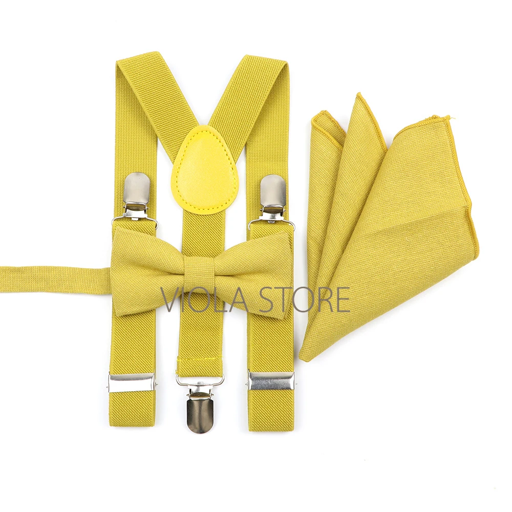 Hot 2 Sizes Top Color Solid Elastic Suspender Cotton Bow Tie Hankie Sets Men Kid Pink Wedding Party Brace Cravat Gift Accessory